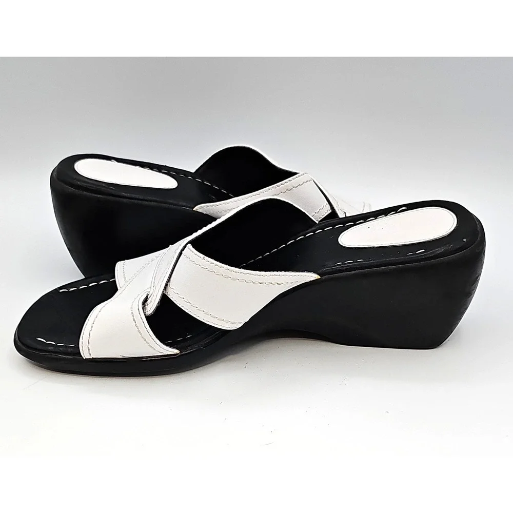 Clarks Black & White Leather Slide Wedge Sandals Size 7.5M